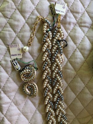 Crown Trifari Signed Gold Tone Sim Pearl - Necklace Bracelet,  Ear Set Vintage Nwt