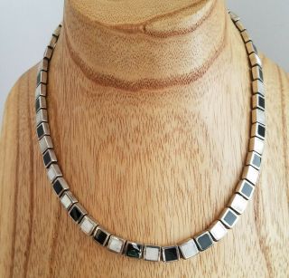 Vintage Sterling Silver Mother Of Pearl And Onyx Inlay Necklace Modernist Collar