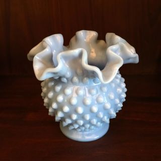 Vintage Fenton Blue Milk Glass Hobnail Ruffled Vase