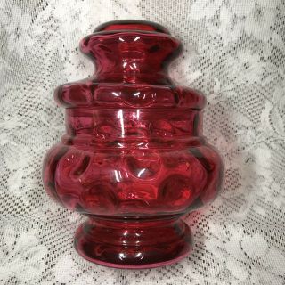 Vtg Fenton L G Wright Dk Pink Cranberry Thumbprint Coin Dot Apothecary Jar W Lid