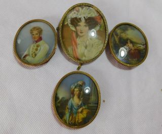 4 Vintage Oval Miniatures Painting Brass Portrait Bombe Glass Hand Painted