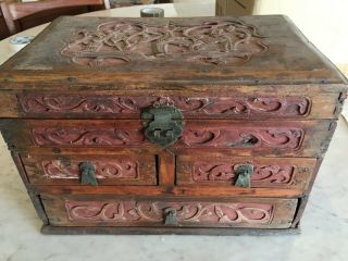 Antique Vintage Carved Wooden Box Copper - - Bronze Fittings