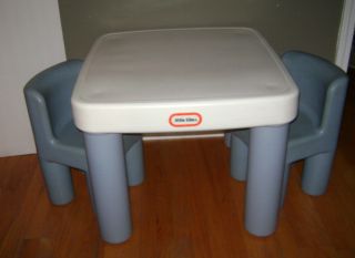 Vintage Little Tikes Table With Drawers 2 Chunky Chairs Set Blue White Very Rare