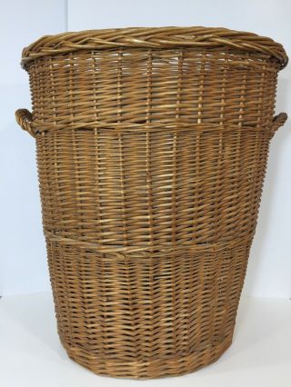 Vintage Large 22 " Woven Wicker Rattan Laundry Hamper Storage Basket W/ Handles