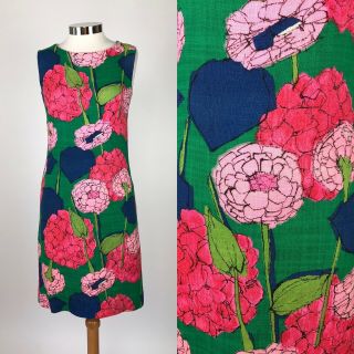 Vtg 60s Mod Vivid Large Scale Op Art Floral Linen Sheath Wiggle Dress S