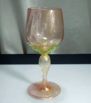 Vintage Murano Italian Art Glass Goblet - Pink & Gold W/ Green Leaves 51345