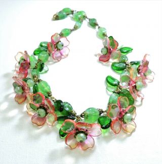 Vintage Pink Peach Green Flowers Leaves Lampwork Art Glass Bead Necklace Jl19153