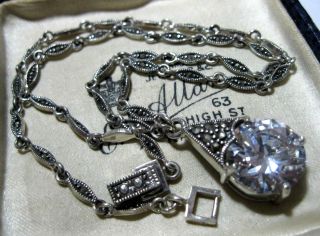 Hallmarked Sterling Silver Marcasite Cz Crystal Drop Vintage Style Deco Necklace