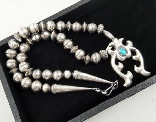 Vtg Navajo Sterling Big 12mm Old Pawn Beads Turquoise Sandcast Naja Necklace Wow