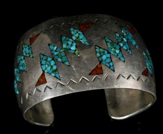 Old Pawn Vintage Natural Chip Inlay Coral & Turquoise Sterling Bracelet