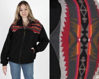 Vintage 80s Pendleton Black Wool Blanket Jacket Native American Ethnic Coat M