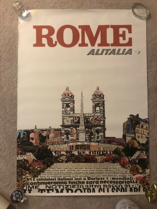 Rare Vintage Italian Airline Alitalia Rome Italy Travel Poster 1966