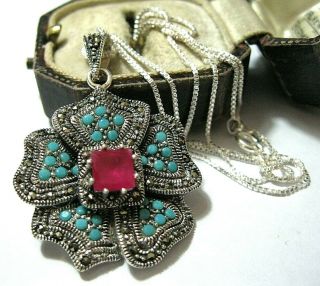 Vintage Style Sterling Silver Turquoise Ruby Quartz Marcasite Pendant Necklace