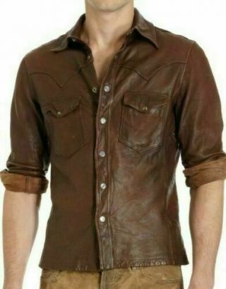 Mens Shirt Jacket Vintage Brown Real Genunie Soft Waxed Leather Shirt Jacket