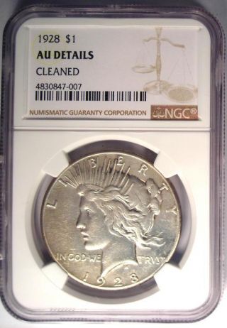 1928 Peace Silver Dollar $1 - NGC AU Details - Rare 1928 - P Key Date Coin 2