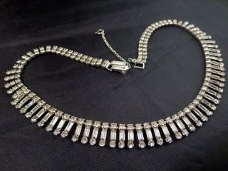 Vtg Denbe Signed Prong Set Rhinestone Baguette Fringe Choker Necklace Silver Tn