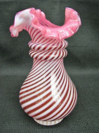 Vintage Hand Blown Fenton Art Glass Ruffled Cranberry White Striped Vase;