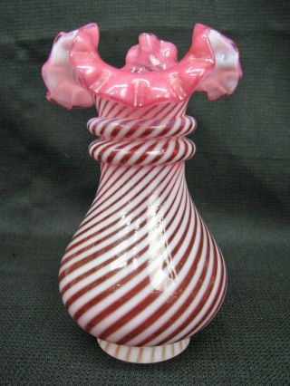 Vintage Hand Blown FENTON Art Glass Ruffled Cranberry White Striped Vase; 2