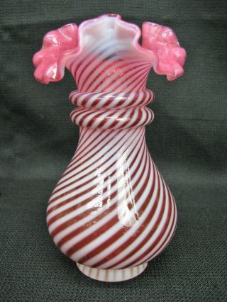 Vintage Hand Blown FENTON Art Glass Ruffled Cranberry White Striped Vase; 3