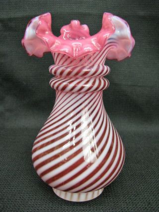 Vintage Hand Blown FENTON Art Glass Ruffled Cranberry White Striped Vase; 4