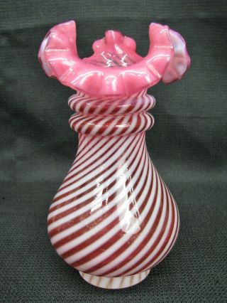 Vintage Hand Blown FENTON Art Glass Ruffled Cranberry White Striped Vase; 5
