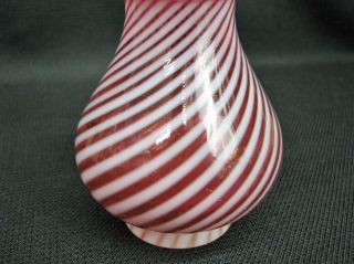 Vintage Hand Blown FENTON Art Glass Ruffled Cranberry White Striped Vase; 7