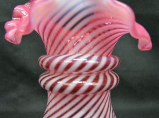Vintage Hand Blown FENTON Art Glass Ruffled Cranberry White Striped Vase; 8