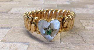 Vintage Heart Mother Of Pearl & Green Stone Gold Filled Flex Bracelet 6 - E8147