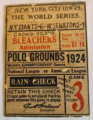 Vintage 1924 World Series Ticket Stub Ny Giants Vs Washington Senators