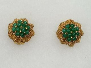 Vtg Panetta Round Swirl Goldtone Faux Emerald Stones Clip On Earrings Signed