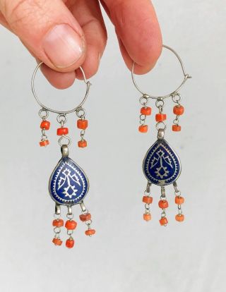 Vintage Uzbek Bukhara Silver Earrings & Coral,  Multan Enamel.  Romantic Beauties
