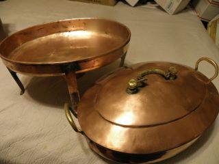 Antique/vintage Copper Casserole Server With Warmer Pan And Stand