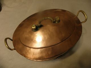 Antique/vintage copper casserole server with warmer pan and stand 2