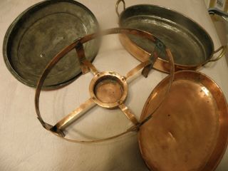 Antique/vintage copper casserole server with warmer pan and stand 5