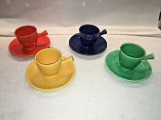 (4) Fiesta Vintage Stick Handle Demitasse Cups Saucers Fiestaware Red Cobalt G&y