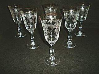 Rare 19th C BACCARAT Louis XV Etched Crystal 6 x Large Wine Goblet w/ Gold Rim 12