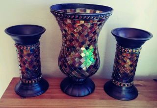 Vtg - Partylite Global Fusion Mosaic Glass Hurricane W/2 Pillars Candle Holder Set