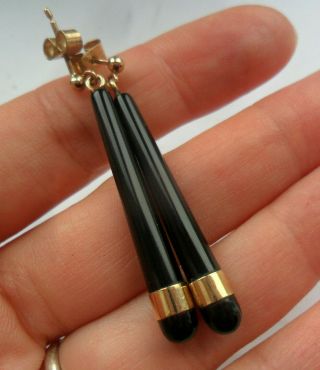 Vintage Jewellery 9ct Gold Black Glass Drop Earrings Art Deco Style