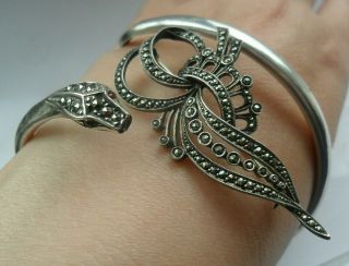 Vintage Jewellery Silver Marcasite Snake Bangle Bracelet / Art Deco Brooch