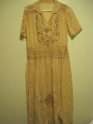 Vtg Smocked/hand Embroidered Peasant Sheer Dress Tan Gold W/yellow/brown Accents