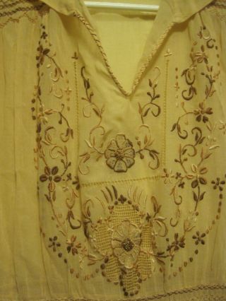 VTG SMOCKED/Hand Embroidered Peasant SHEER DRESS TAN GOLD W/YELLOW/BROWN ACCENTS 2