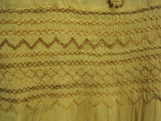 VTG SMOCKED/Hand Embroidered Peasant SHEER DRESS TAN GOLD W/YELLOW/BROWN ACCENTS 3