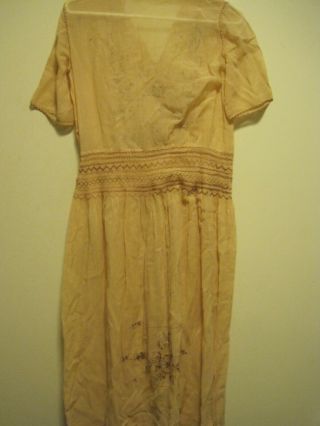 VTG SMOCKED/Hand Embroidered Peasant SHEER DRESS TAN GOLD W/YELLOW/BROWN ACCENTS 6