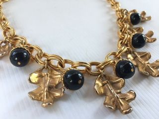 Vintage Carol Dauplaise Black Bead Acorn And Leaf Goldtone Chain Necklace