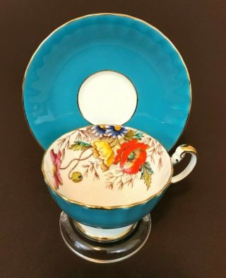 Vintage Aynsley Poppies Daisies on Turquoise Blue Footed Teacup Saucer Gold Trim 2