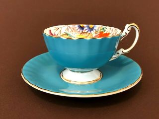 Vintage Aynsley Poppies Daisies on Turquoise Blue Footed Teacup Saucer Gold Trim 3