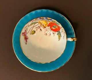 Vintage Aynsley Poppies Daisies on Turquoise Blue Footed Teacup Saucer Gold Trim 4