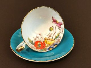 Vintage Aynsley Poppies Daisies on Turquoise Blue Footed Teacup Saucer Gold Trim 5