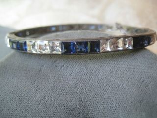 Antique Sterling Silver Art Deco Channel Set Rhinestone Clear & Blue Bracelet