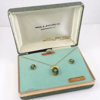 Vintage 12k 14k Gold Filled Jade Earring Necklace Pendant Set Box Qxl9